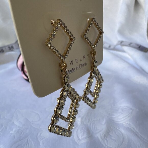 Mint Rhinestone Gold Dangle Drop CZ Triangles Earrings NEW - Picture 9 of 12